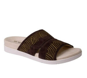 Spenco Women Twilight Ellie Slide Sandals Size 10 WIDE Brown Gold Leather NIB